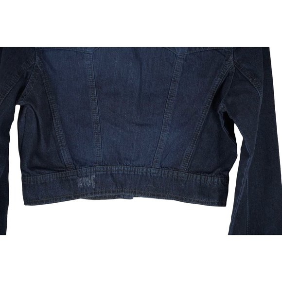 l.e.i. Cropped Jean Jacket Distressed Juniors Size M Indigo Blue Stretch Denim - Picture 7 of 10
